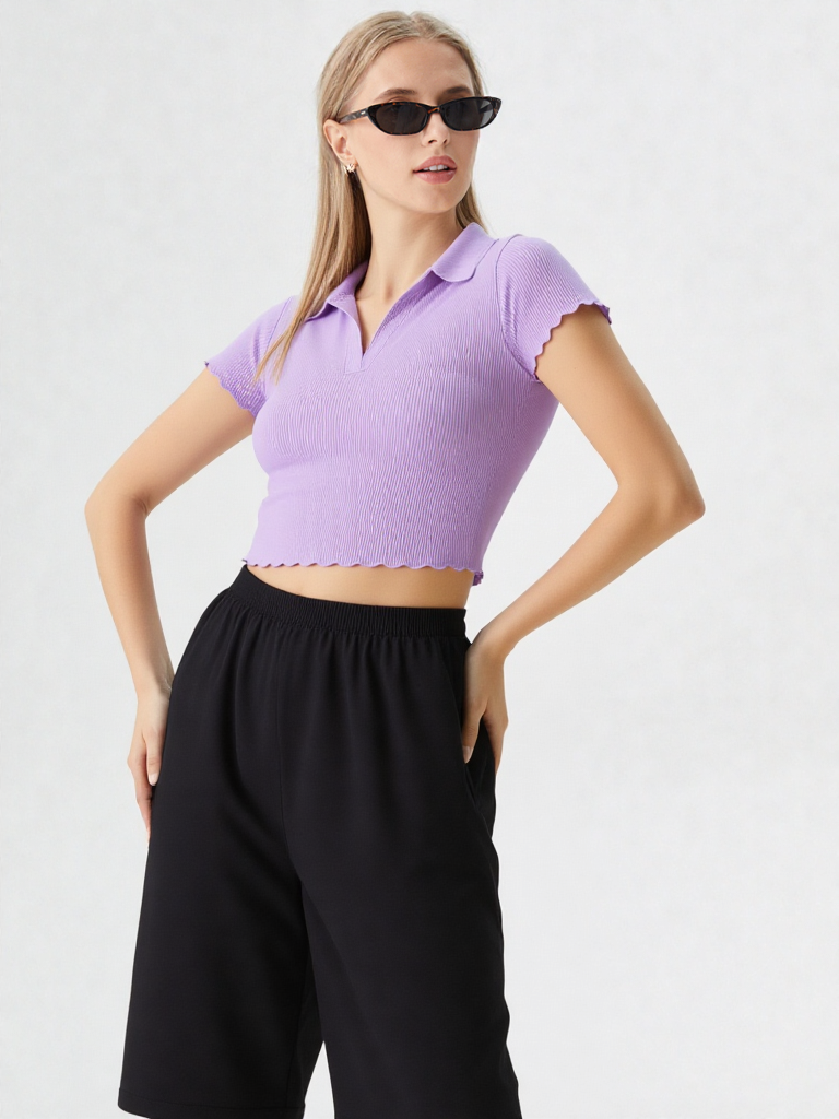 Half Sleeves Collar Neck Crop Top