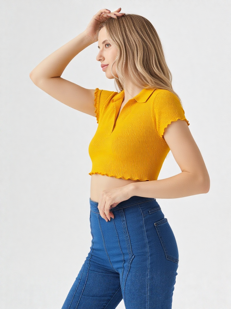Half Sleeves Collar Neck Crop Top