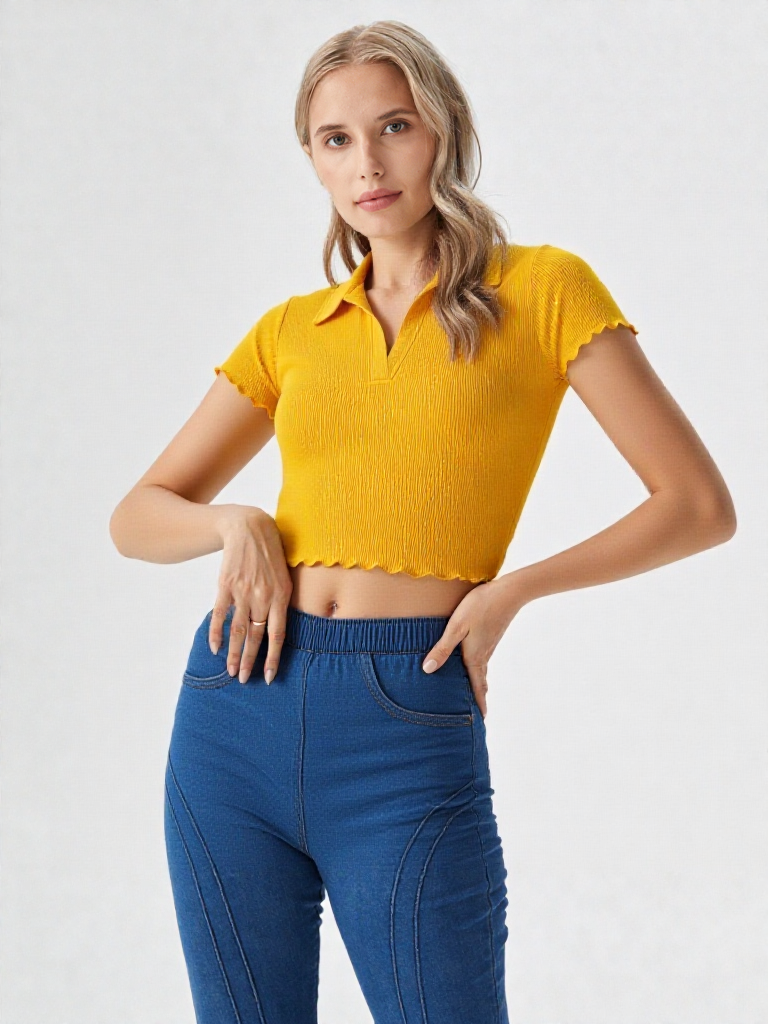 Half Sleeves Collar Neck Crop Top